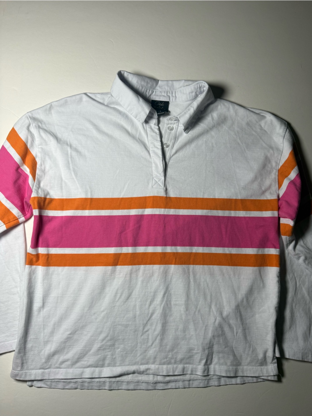 Oak & Trellis White Pink Orange Strip rugby style polo shirt Large 100% cotton